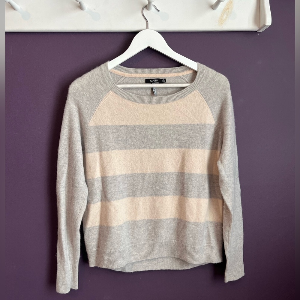 100% Cashmere Gray and White Striped Sweater